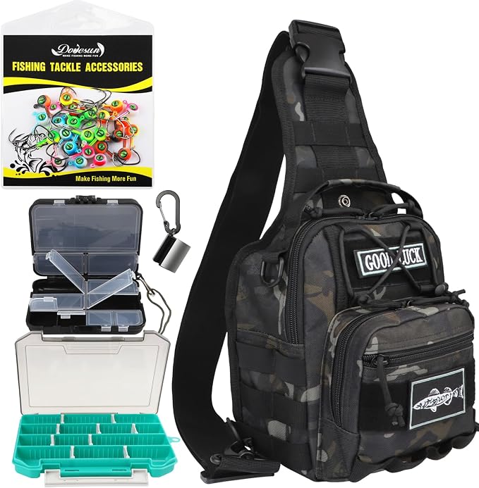 Dovesun Small Fishing Backpack, Fly Fishing Sling Pack Waterproof Backpack with Tackle Boxes 25pcs Crappie Jig Heads