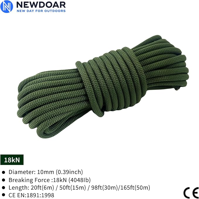 NewDoar Static Climbing Rope - 8mm (5/16c) / 10mm (3/8”) Double Braid Accessory Cord for Rock,Hauling, Prusik, Survival - Pre-Cut 20FT, 50FT, 100FT, 165FT Lengths - Outdoor, Fire Rescue Equipment
