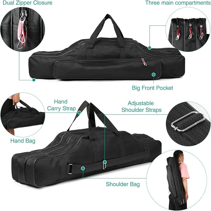 Fishing Rod Case Three Layers Fishing Rod Bag Oxford Portable Folding Fishing Pole Bag Outdoor Waterproof Tackle Storage Travel Bags Carry Organizer for Fishing Camping Hiking