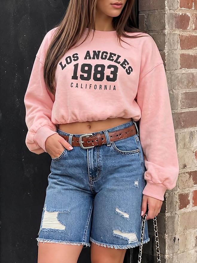Flowyair Womens Crewneck Sweatshirt Los Angeles Elastic Waist Crop Tops | Long Sleeve, Loose Fit, Fall Spring, Pullover Tops, Round Neck, Elasticated Hem