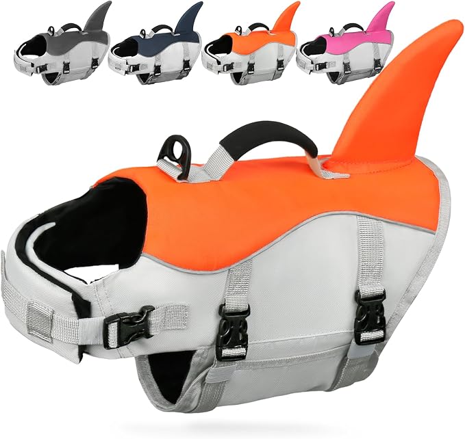 AMZNOVA Shark Dog Life Jacket + Rip Stop Dog Life Jacket, Durable Handle Reflective Buoyance