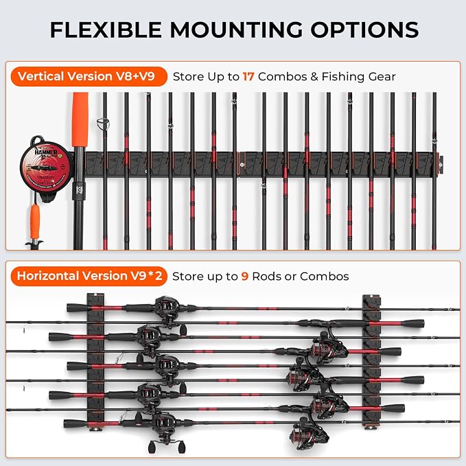 KastKing GravityLock Fishing Rod Holder, V8 & V9 2-Pack Wall Mounted Fishing Rod Rack, Holds up to 17 Fishing Rods or Combos, Universal Rod Storage System, Heavy-Duty Grip, Built-in Line Spooler