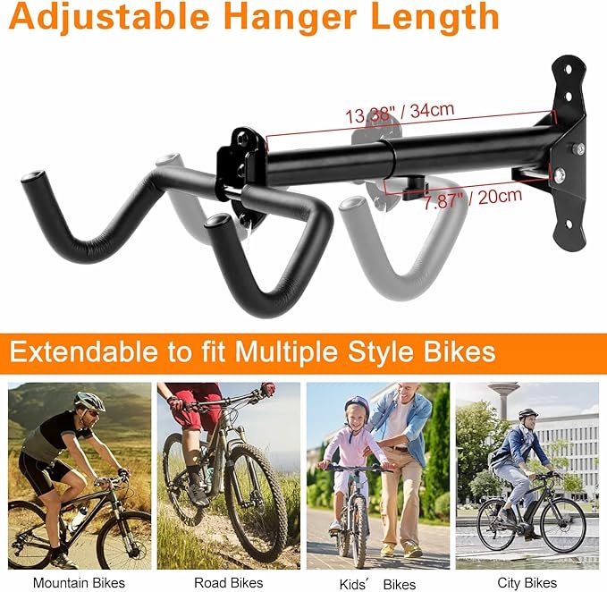 Cyfie Bike Wall Mount Garage Rack, Adjustable Horizontal Bike Storage Hanger Hooks with Wheel Stabilizer Strap, Indoor Hanging Bicycle Holder in Apartment Garage for Mountain Road Hybrid Bike (2 Pack)