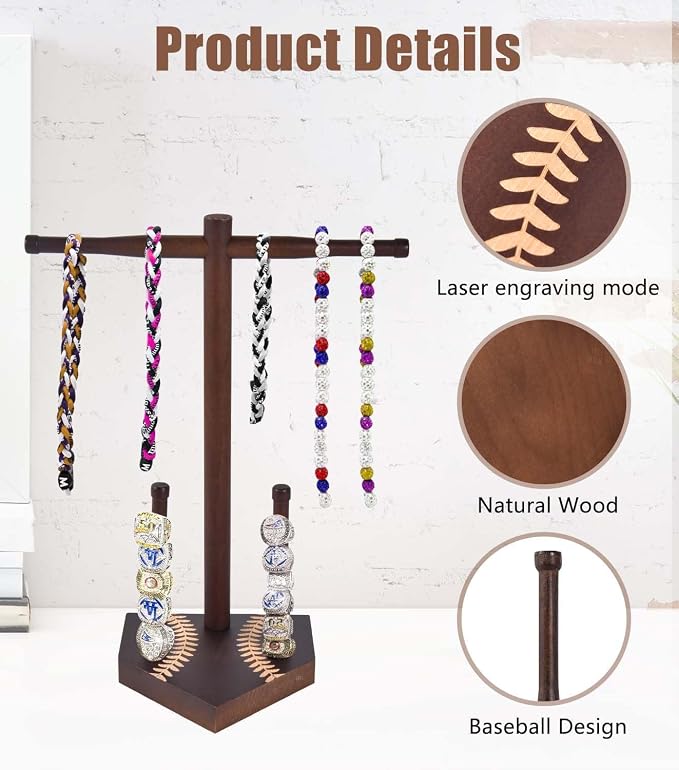 Wooden Sports Ring & Necklace Display Holder, Baseball Softball Championship Ring Organizer, Drip Necklace Storage Stand, Sports Gift for Athletes,Tool-free installation