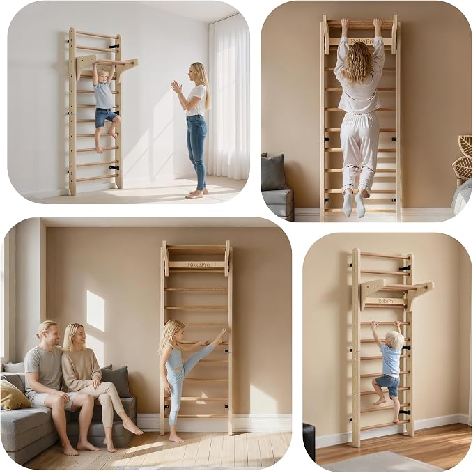 Multi-Function Gymnastics Swedish Ladder,Wall Mounted Wooden Gymnastics Bar,Indoor Home Gym for Kids & Adults