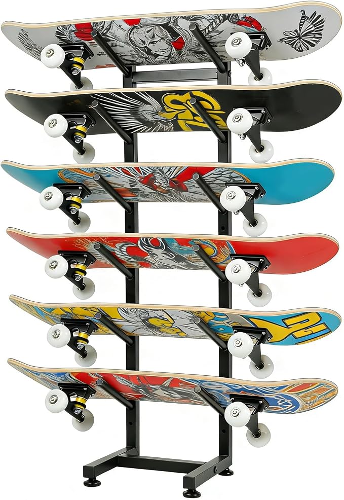 BiJun Skateboard Racks Floor Stand, 6-Layer Skateboard Wall Mount,Snowboard Storage Rack, Skateboard Organizer Floor Stand for Deck, Longboard, Snowboard, Standard Skateboards, Mini Cruiser Skateboard
