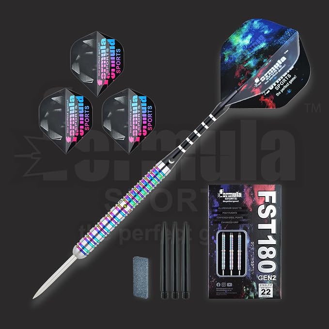 Formula Sports 90% Tungsten Steel Tip Darts Set - Professional Darts Metal Tip Set Available in 21g/22g/23g/24g, with Aluminum Shafts, Tungsten Barrels, Extra Flights, Sharpener