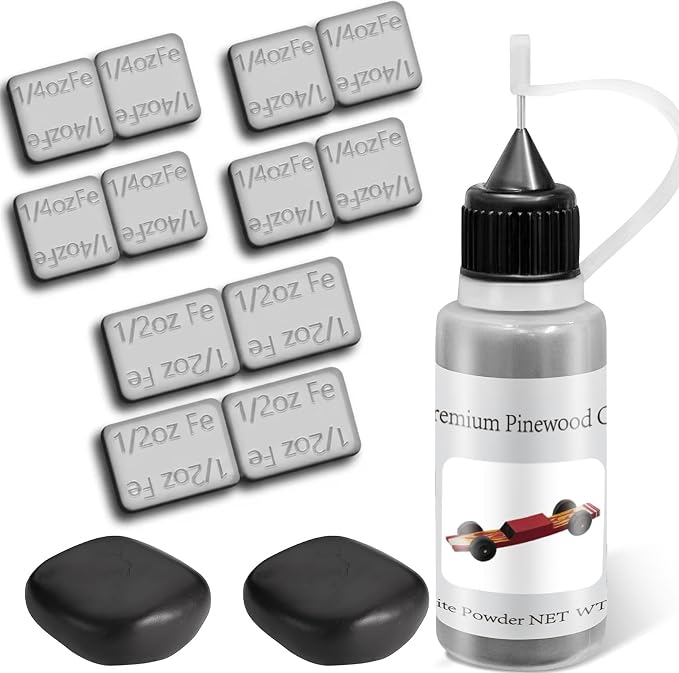 DerbyCraftPro Pinewood Weights Car Kit-5oz Total Derby Car Weights (1oz Tungsten Weights Putty+4oz Derby Weights) & 0.5oz Graphite Powder Lubricant, Lead-Free, Peel & Stick for Precise COG Adjustment