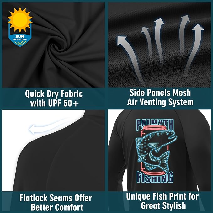 Palmyth Fishing Hoodie for Men Long Sleeve Sun Protection UV UPF 50+ Shirts | Hidden Zipper Pocket, Thumb Loops, Quick-Dry, Side Mesh Panels, Lens Cleaning Cloth, 4-Way Stretch