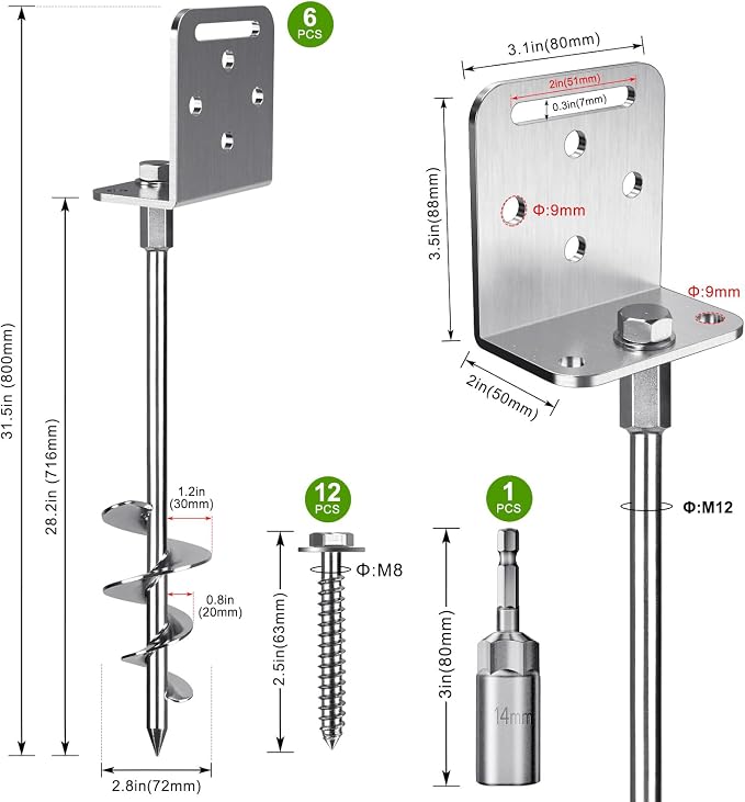 BeneLabel 2/4/6 Pack 18" 24" Ground Anchors Screw in Shed Anchor with L Bracket Trampoline Anchor Spiral Swingset Anchors for Swing Set, Mobile Home, Fence, Playset, Tent, Canopy, Carport