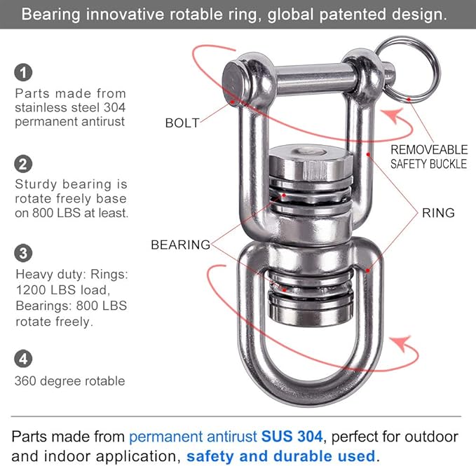 BeneLabel Swing Swivel with 2 Bearing, 360° Rotation, 770LB Capacity, Safest Rotational Device Hanging Accessory for Web Tree Swing, Aerial Dance, Children's Swing, Yoga Swing Sets