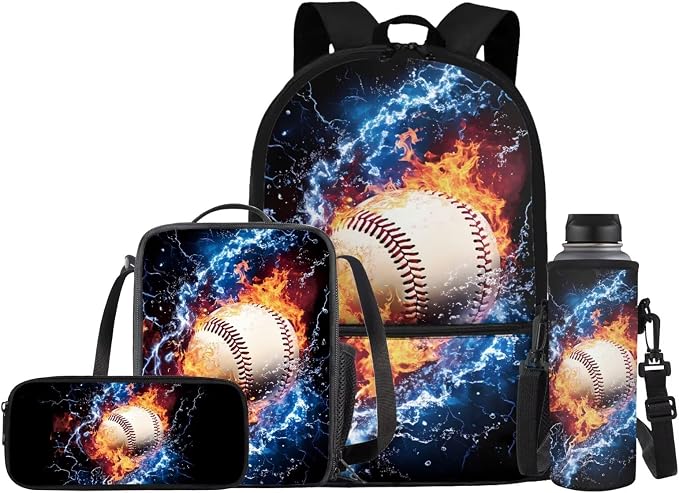 Baseball Backpack for Boys School Bag with Lunch Bag Pencil Case and Water Bottle Holder 4 PCS Girls Daypack Waterproof Bagpack Back to School Accessories