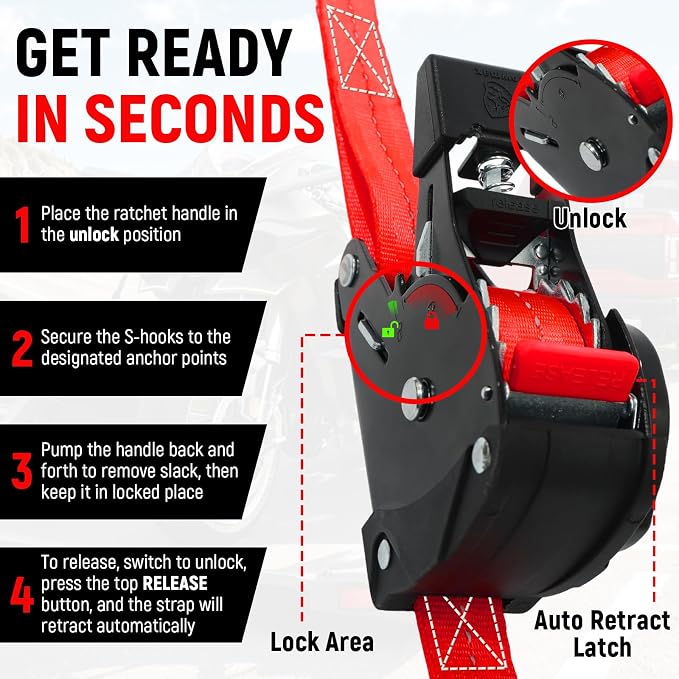 Retractable Ratchet Straps (Patented-2pack) - 1 inch x 10Feet (1,800lb Break Strength) Auto Self Retracting Tie Down Straps - Self Retractable Straps with Refletcive for Motorcyle, Truck or Cargo