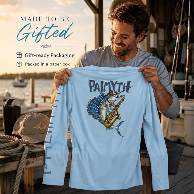 Palmyth Fishing Shirts for Men Long Sleeve UPF 50+ T Shirt Sun Protection | Quick Dry, Sun Protection, Myth-Cool Fabric, Fish Print, Moisture Wicking, Stretchy, Breathable, Fishing,Boating,Outdoor Wear