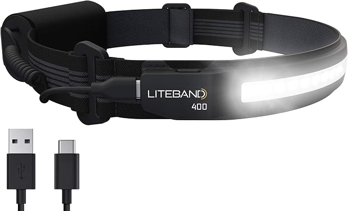 LITEBAND ACTIV Rechargeable LED Headlamp, 400 Lumens, 210° Wide Beam, Lightweight No-Bounce Fit, IPX4 Weather Resistant, Black