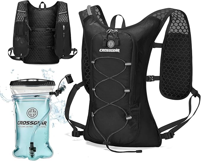 Lightweight Hydration Backpack with 1.5L TPU Water Bladder, CROSSGEAR Running Hydration Vest, Ultralight Hiking Backpack for Women Men, Running Water Daypack for Cycling Hiking Marathon