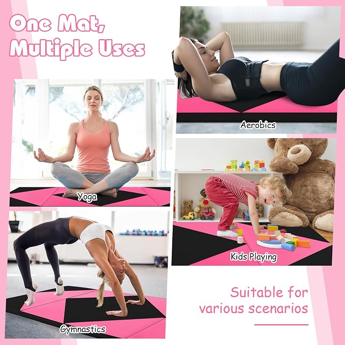 Goplus Gymnastics Mat, Folding Tumbling Mat with Carry Handles, Hook & Loop Fasteners, 4 Panels for Fitness Exercise Yoga Stretching Aerobics Workouts, Thick Gym Mats for Home