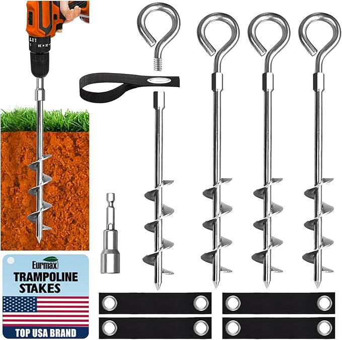 Eurmax USA 4 Pack Heavy Duty Ground Stakes&Anchors,Commercial Spiral Screw-in Trampoline Stakes with Reinforced Tie-Down Straps,High Wind Stabilizing Kit for Canopies,Outdoor Sheds,Swing Sets(Silver)