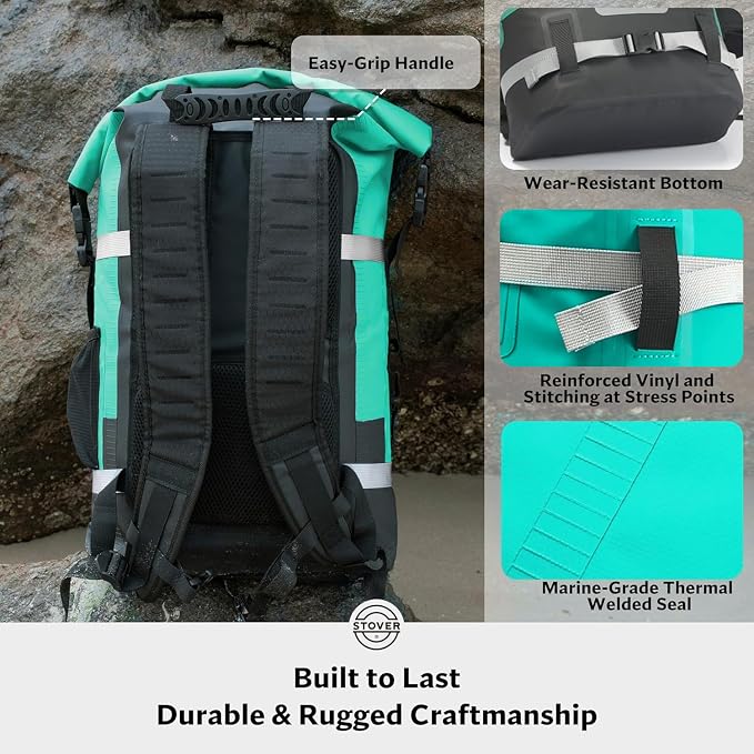 STOVER 30L Waterproof Dry Backpack & Phone Case - X-Large Floating Dry Bag for Kayaking, Travel, Hiking, Fishing, Camping, Motorcycles & Beach, Heavy-Duty Roll Top Men/Women (Teal)