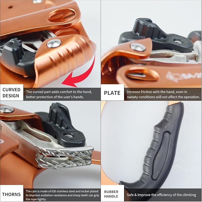 UIAA & CE Certified Climbing Rappelling Equip Hand Ascender Left Right Hand for 8-13mm Rope 4kN