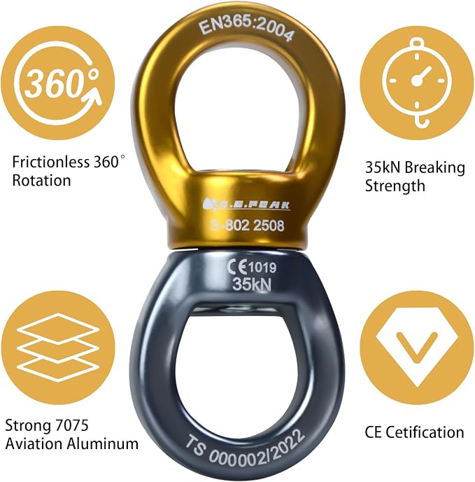 35kN Swing Swivel, CE Certified 360°Rotational Device, Silent Hanging Accessory for Tree Swing, Aerial Dance (Golden+Grey, 35kN)