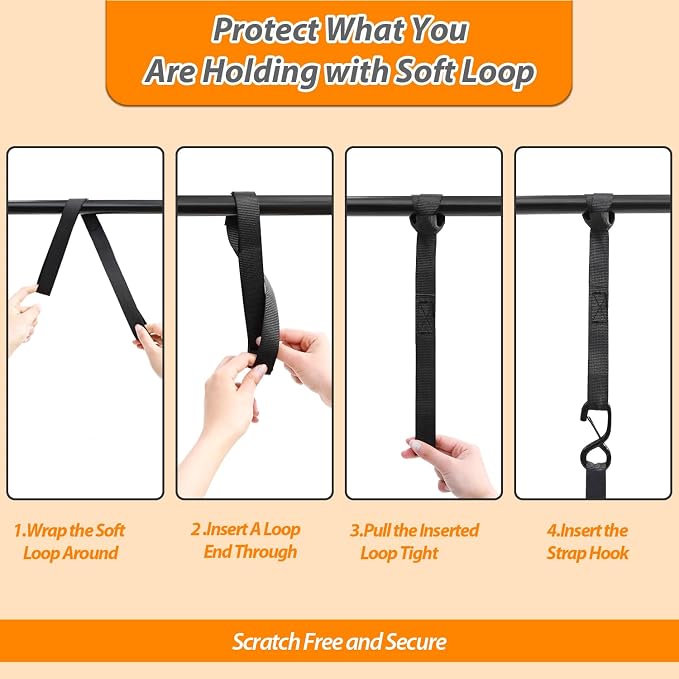 Ratchet Tie Down Straps with Safety Clip 4-Pack 1" x 15' & 4 Soft Loops - 500 lbs Load Cap 1500 lbs Breaking Limit, Ohuhu Ratchet Tie Downs Logistic Cargo Straps for Moving Appliances, Motorcycle