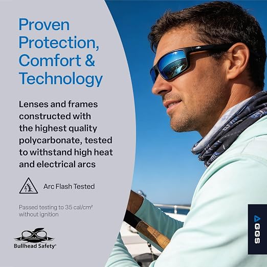 Bullhead Safety Eyewear Crevalle Glasses - Anti-Fog, Lightweight, Impact/Scratch Resistant, Polarized Sunglasses for Biking, Fishing, Driving, Ice Blue Mirror/Matte Black