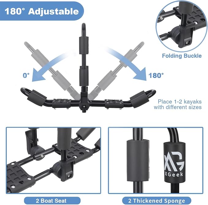 XGeek Kayak Roof Rack 4-in-1 Set of 1 for Kayak, Surfboard, Canoe and Ski Board Rooftop Mount Carrier Folding Adjustable Bilateral J-Style Rack on SUV, Car and Truck