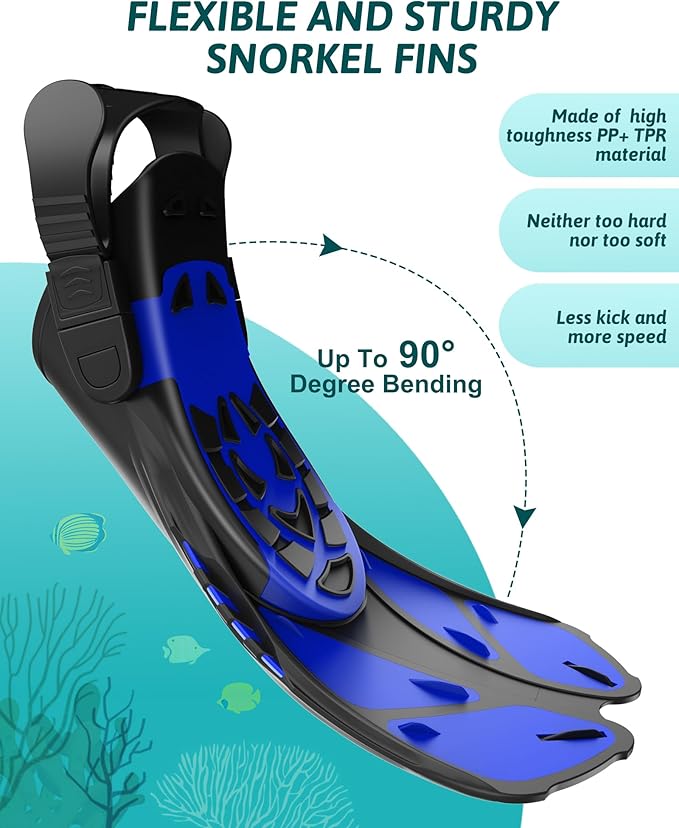 Viginsul Mask Fins Snorkeling Gear for Adults, Full Face Snorkel Mask & Adjustable Swim Fins Snorkel Set, Panoramic View Snorkel Mask Dry Top Anti-Fog Anti-Leak