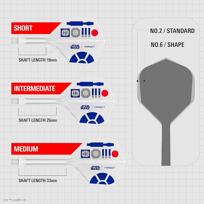 Target Darts Star Wars R2-D2 K Flex Integrated Dart Flights & Shafts | R2D2 Pack of 3 K-Flex, No.2 & No.6 | Short, Intermediate & Medium Disney Kflex Accessories