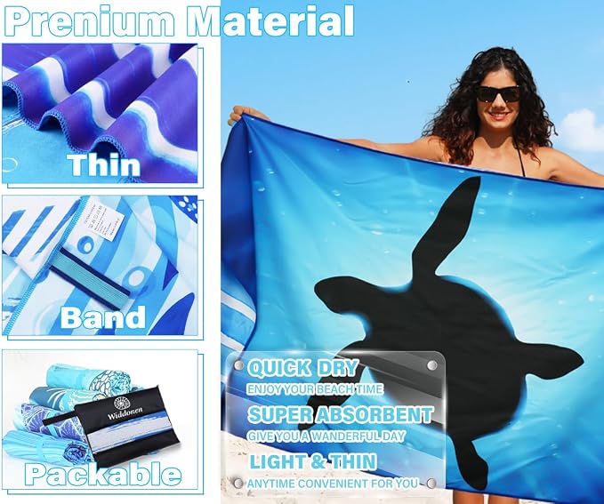 Widdonen Lightweight Thin Microfiber Beach Towel Sand Free Quick Dry Absorbent Compact Soft Pool Swim Travel Towels Extra Large Oversized Beach Accessories Packable Essentials Stuff Gifts for Adult