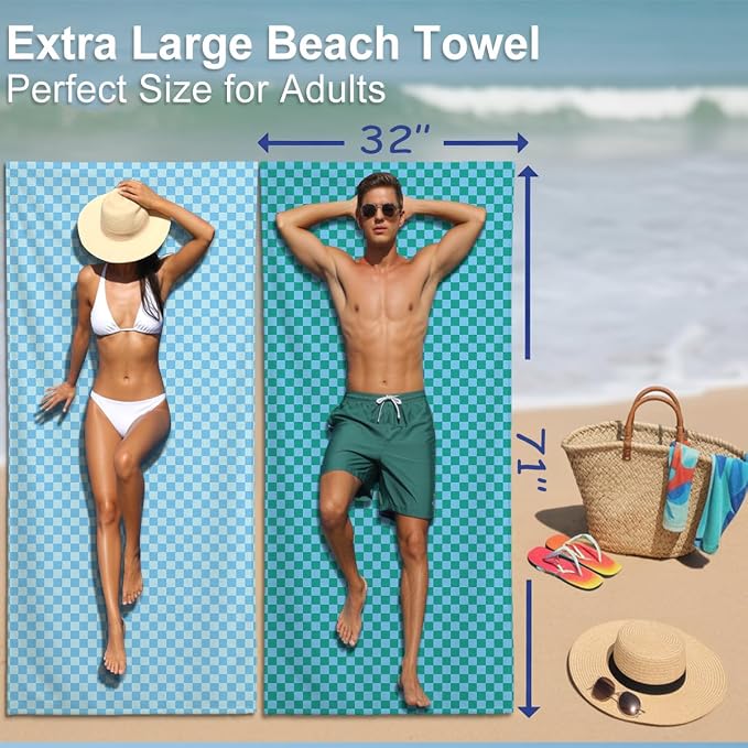 2 Pcs Microfiber Beach Towel Sand Free Quick Dry Oversized Lightweight Modern Checkered Geometric Design Light Blue and Blue for Pool Travel Gym Yoga 71 x 32 Inches