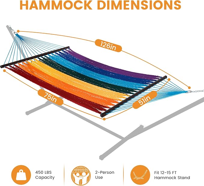 Lazy Daze Hammocks 10.5 FT Double 2 Person Caribbean Rope Hammock, Hand Woven Polyester Hammock with Spreader Bars, for Outside Outdoor Backyard Patio Poolside, 450 LBS Capacity, Rainbow