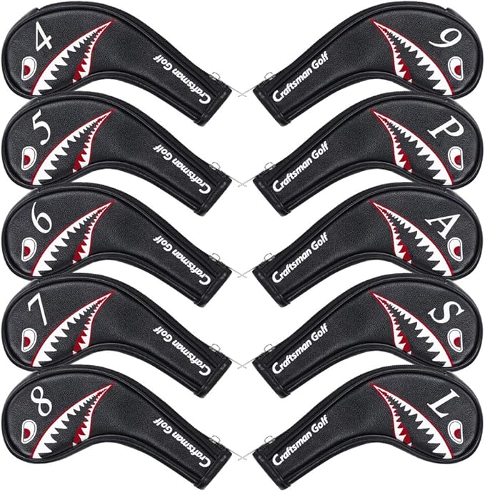 10pcs/Set Shark Golf Club Iron Head Covers Headcover with No. on Both Sides Suitable for Right and Left Handed Golfer Zipper Closure