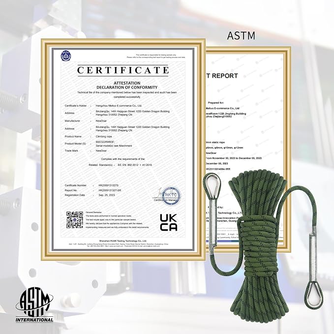 NewDoar 14KN Static Climbing Rope 8mm(5/16in) Accessory Cord Equipment 33FT(10M) 66FT(20M) 98FT(30M) 165FT(50M) Escape Rope with 2 Carabiners for Ice Climbing Equipment Fire Rescue Rope-Green/10M