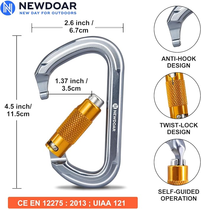 NewDoar 28KN UIAA & CE Certified Auto Climbing Carabiner Professional Heavy Duty Caribeaner for Rappelling D-Shaped
