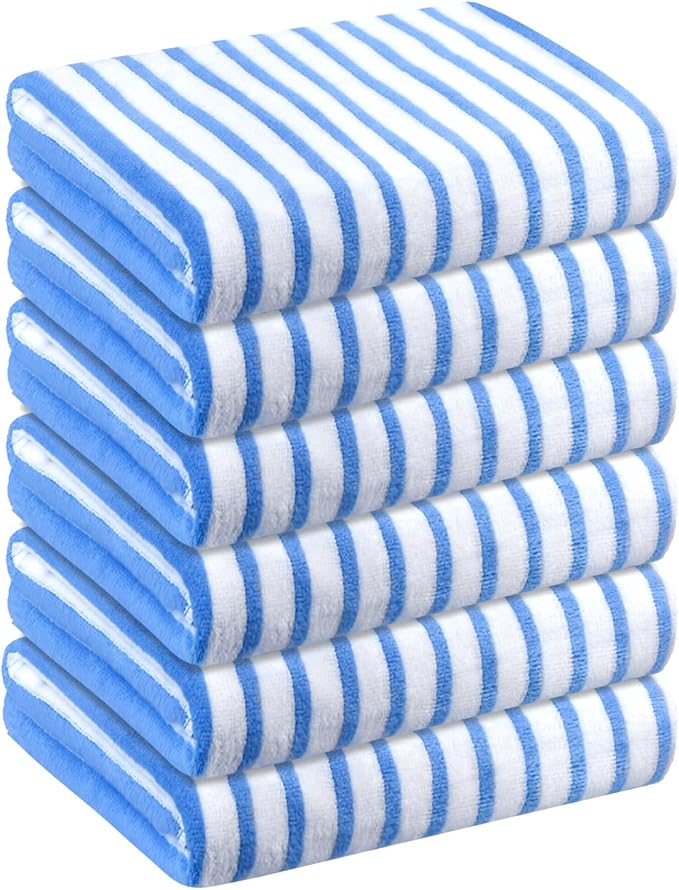 JML Microfiber Beach Towels, 6 Pack, 30" x 60", Cabana Stripe, Soft, Absorbent, Quick Dry Bath Towel Set for Adults, Travel, Summer Swimming Pool Party, Sport, Yoga, Camping, Stripe Blue and White