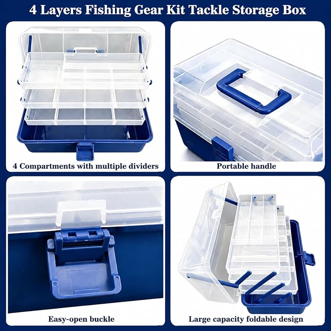 4 Layers Fishing Tackle Box with 547Pcs Fishing Lures Kit | Small Tool Set Included, Gripper, Hook Remover, Accessories, Perfect for Beginners