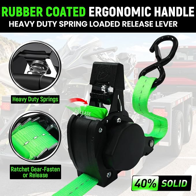 Retractable Ratchet Straps (Patented-2pack) - 1 inch x 10Feet (1,800lb Break Strength) Auto Self Retracting Tie Down Straps - Self Retractable Straps with Refletcive for Motorcyle, Truck or Cargo