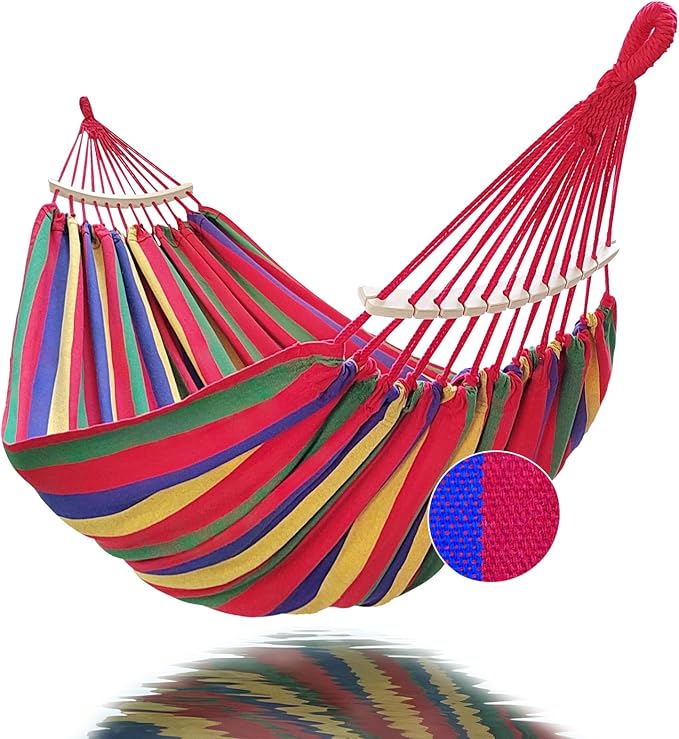 GOCAN Double Hammock 2 Person Extra Large 220x160cm Total Length 330cm Load 500lb Canvas Cotton Hammock for Patio Porch Garden Backyard Lounging Outdoor and Indoor with Removable Spreader bar