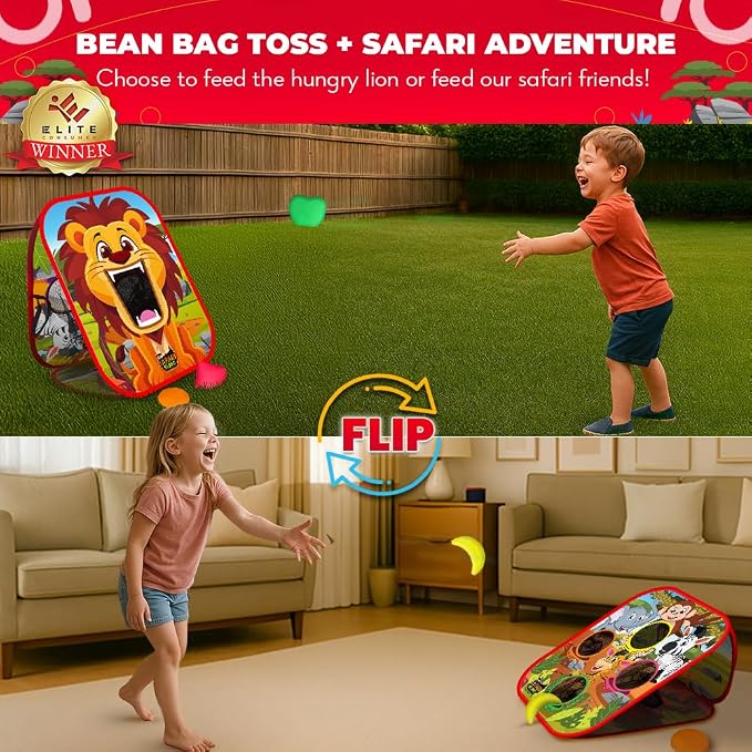 Swooc Games® - Safari Sling | 2-in-1 Bean Bag Toss Game for Kids | 5-Second Setup Kids Cornhole Game Set | Outdoor Toddler Activities | Backyard Party Games | Corn Hole Set Toddler Bean Bag Toss