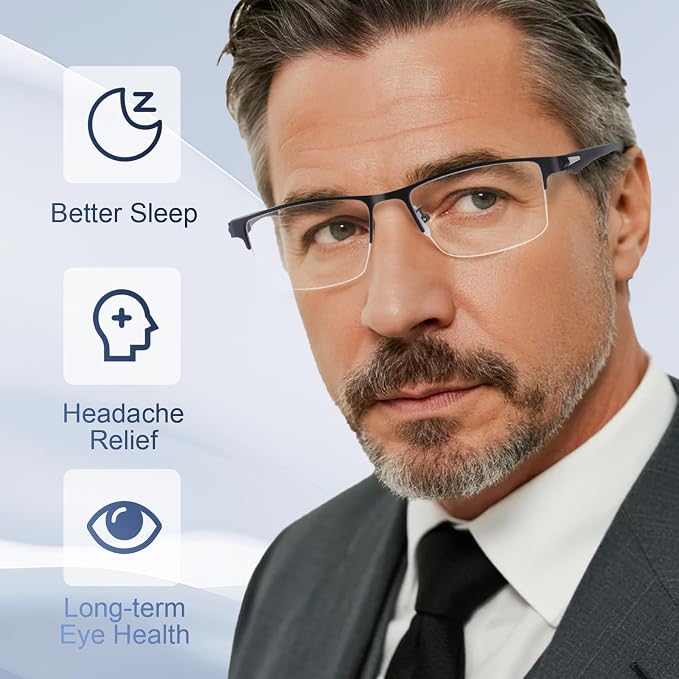 SKYOAK 2 Pack TR90 Premium Reading Glasses for Men, Half Frame No-Line Blue Light Blocking Computer Readers Anti Glare UV Eyeglasses Clear Vision, Black and Gunmetal +1.25x