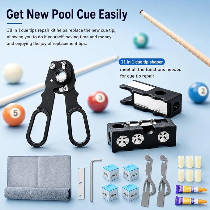 Pool Cue Tips Replacement Kit, 13mm Pool Stick Tips Replacement Kit Billiards Cue Tips Shaper Tools, Pool Cue Replacement Tips Repair Kit Billiard Pool Accessories