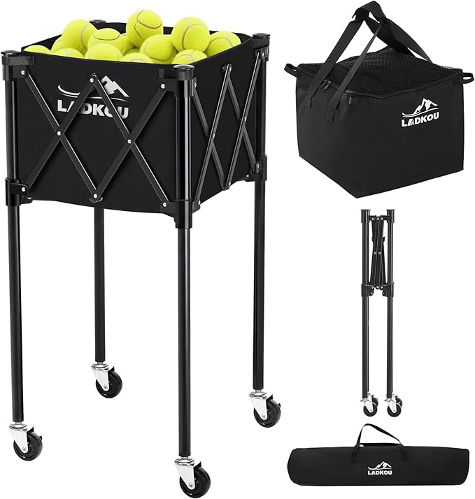 Extra Large Tennis Ball Hopper, Holds 200 Balls, Foldable Tennis Ball Basket with Wheels & Removable Bag, Lightweight Pickleball Caddy Cart for Baseball/Softball, for Training/Teaching
