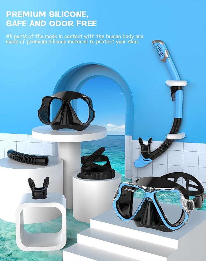 Greatever Dry Snorkel Set,Panoramic Wide View Anti-Fog Scuba Diving Mask,Professional Snorkeling Gear for Adults Kids