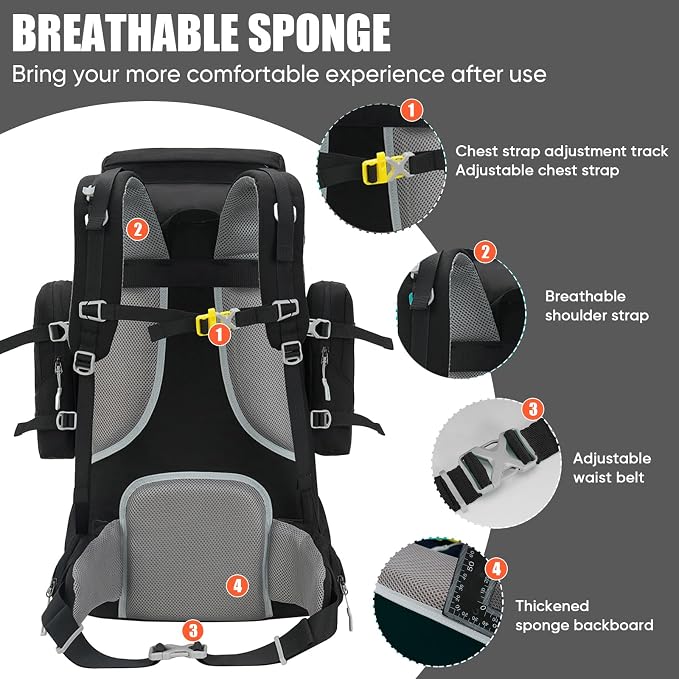 Bseash 70L (65+5) Waterproof Hiking Camping Backpack with Rain Cover, Outdoor Sport Travel Daypack for Climbing Touring (Black)