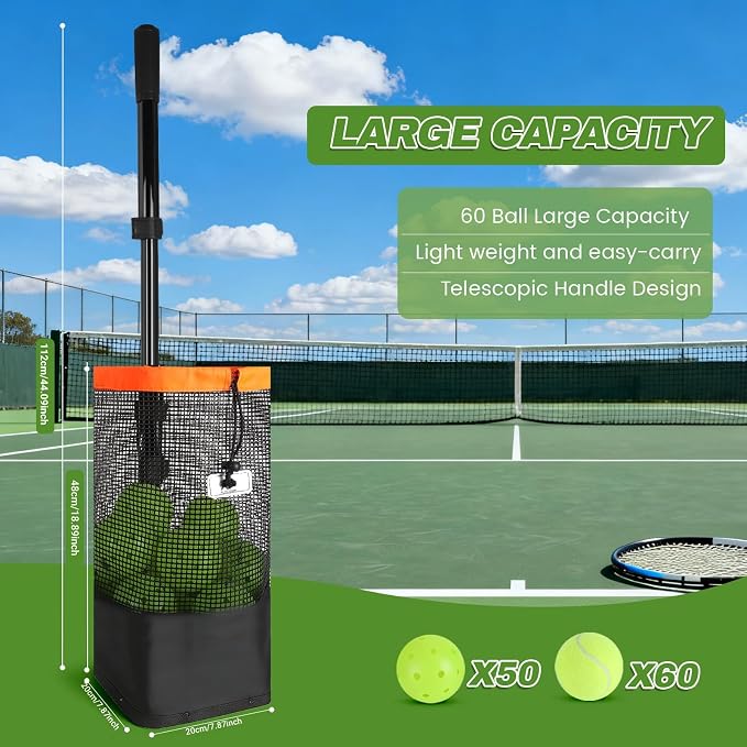 Tennis Ball Hopper & Pickleball Picker Upper, Ball Collector Hopper Holds 60 Tennis Balls or 50 Pickleballs, Adjustable Handle, Heavy-Duty Spring Ball Retriever for Training & Court Practice