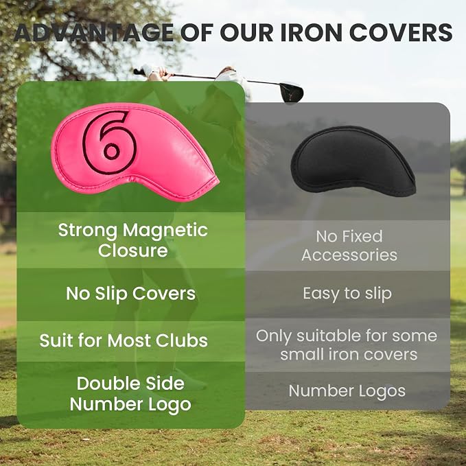 Golf Iron Covers Set Strong Magnetic Closure Value 10 Pack, Double Side Number Synthetic Leather Deluxe Club Headcover, Universal Head Cover Fit Main Irons Clubs for Women Men