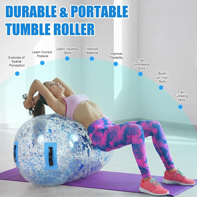 Gemscream Gymnastics Barrel Inflatable Air Roller Mat 40" x 24" Glitter Tumbling Air Barrel Gymnastic Cylinder Tumble Equipment for Back Handspring Trainer Cheerleading Yoga Home Use