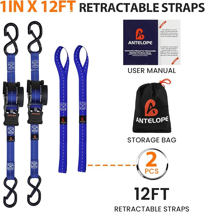 Retractable Ratchet Straps (2PK) - 1 in x 12 ft Automaitc Ratchet Tie Down Straps with Soft Loops, 1500lb Break Strength Self Retracting Strap for Motorcycle, Truck, Cargo, Trailer, ATVs, UTVs -Blue